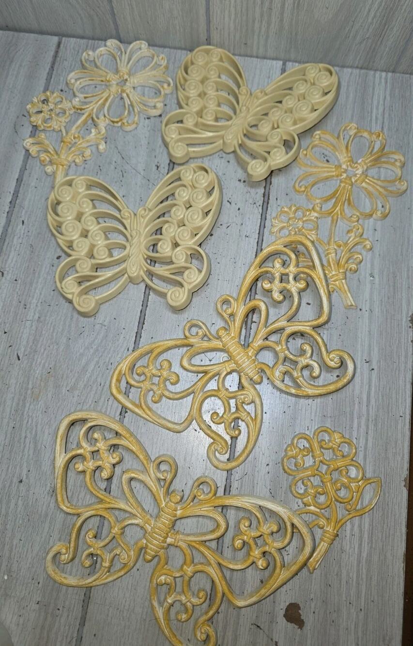 Vtg Homco Cream Color Syroco Grandma 4 Butterflies & 3 Flowers Home Interiors